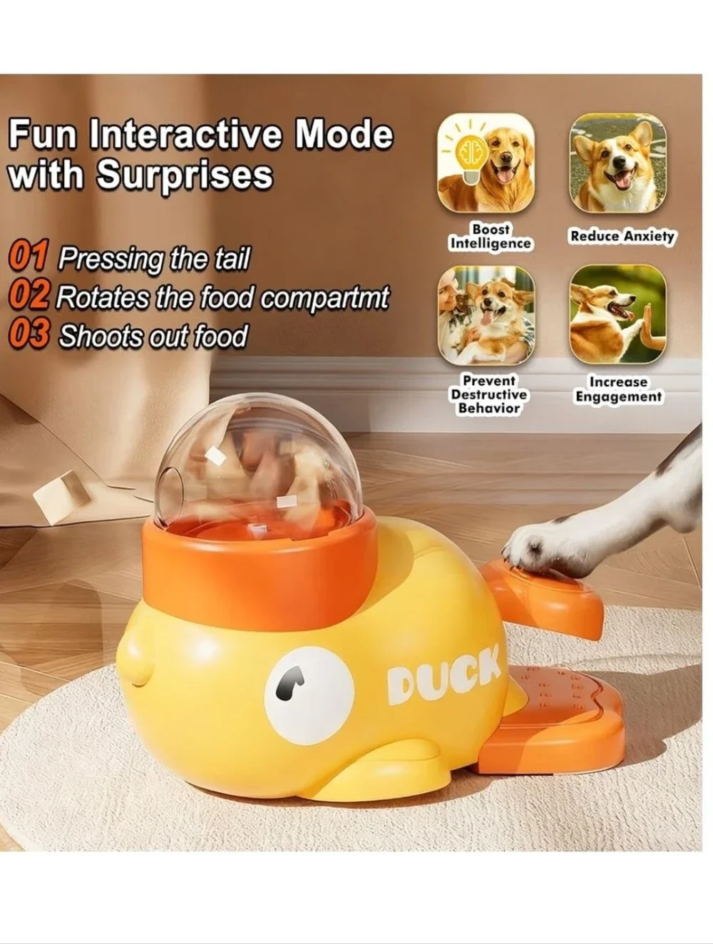 Duck Interactive Pet Feeder Toy - Yellow and Orange